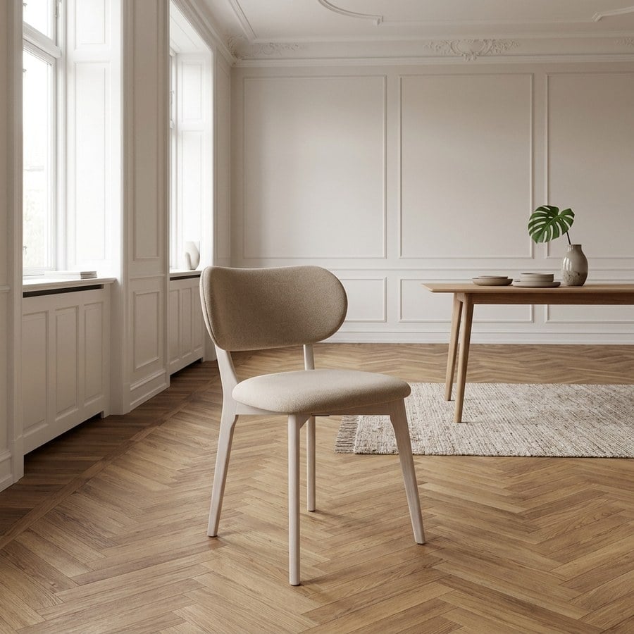 Stilo Spisebordsstol i Sandfarvet Polyester med Hvidpigmenterede Egetræsben fra Unique Furniture | B49xH80xD54cm