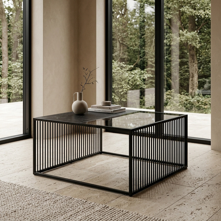 Strington Sofabord i Sort Izmir Ru Melamin & Røg Hærdet Glas & Stel i Sort Stål fra Actona | B80xD80xH40cm - Billede 1