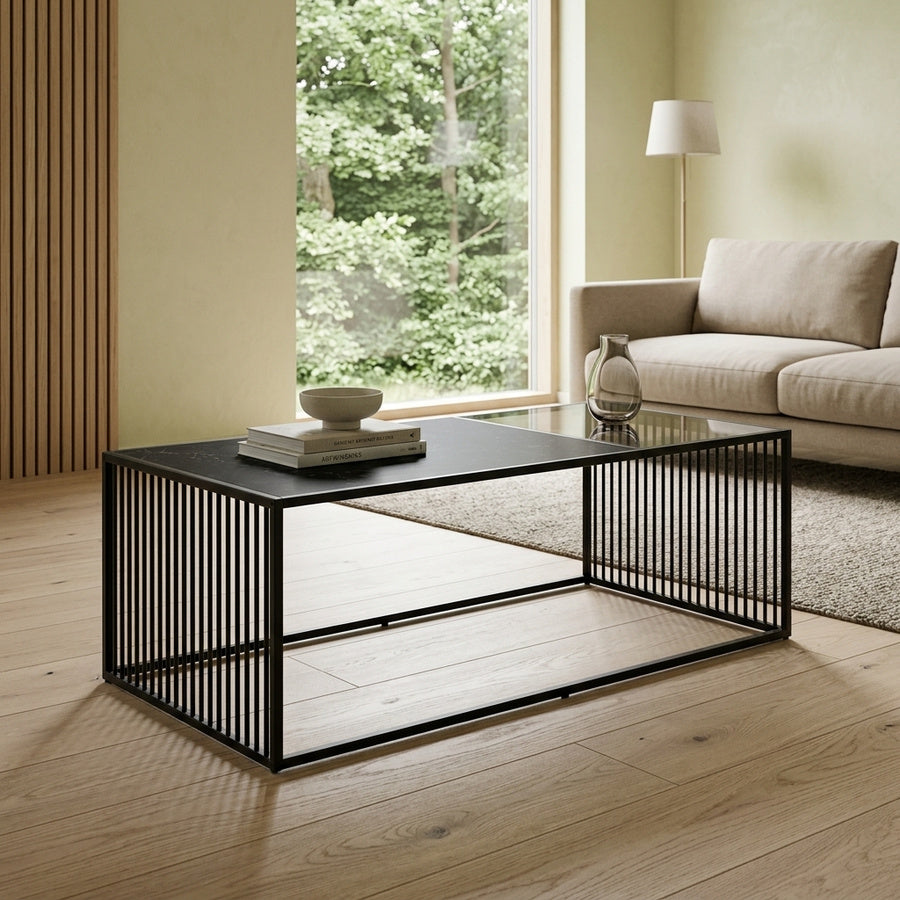 Strington Sofabord i Sort Melamin & Røget Glas & Stel i Sort Stål fra Actona | B120xD60xH40cm - Billede 1