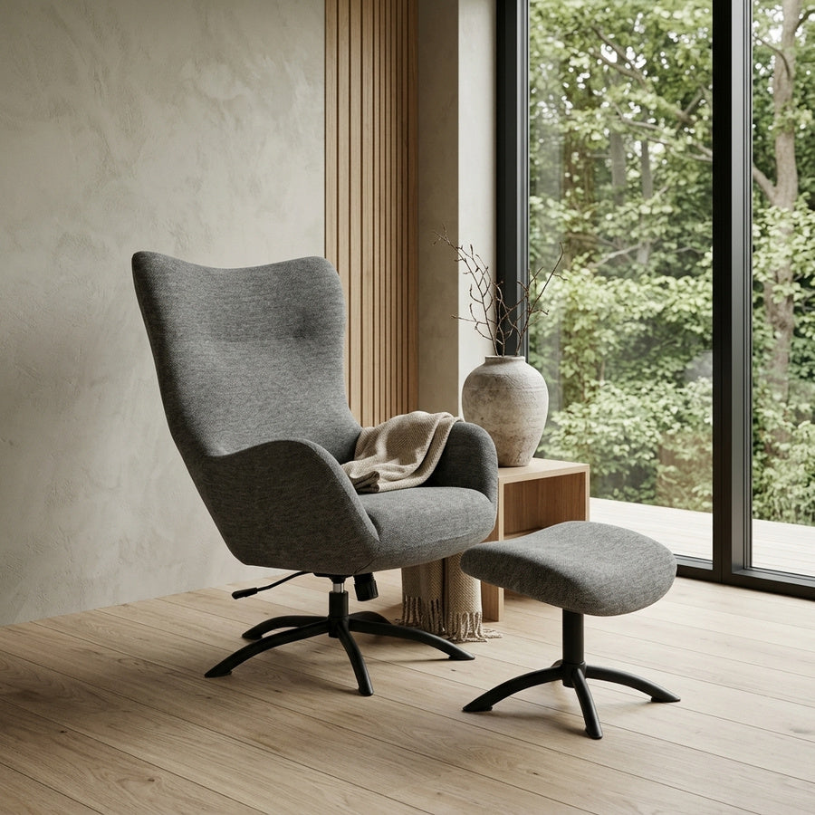 Talgarth Recliner i Antracit Stof med Fodskammel og Stel i Sort Stål fra Actona | 76x86x105cm - Billede 1