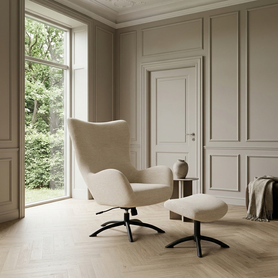 Talgarth Recliner med Fodskammel i Creme Stof og Stel i Sort Stål fra Actona | 76x86x105cm - Billede 1