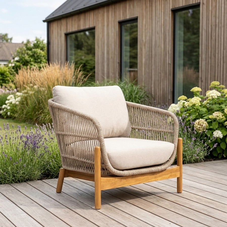Terracina Udendørs Loungestol med Ben i Akacietræ inkl. Beige Hynder fra House Nordic | L78,5xB86xH72cm