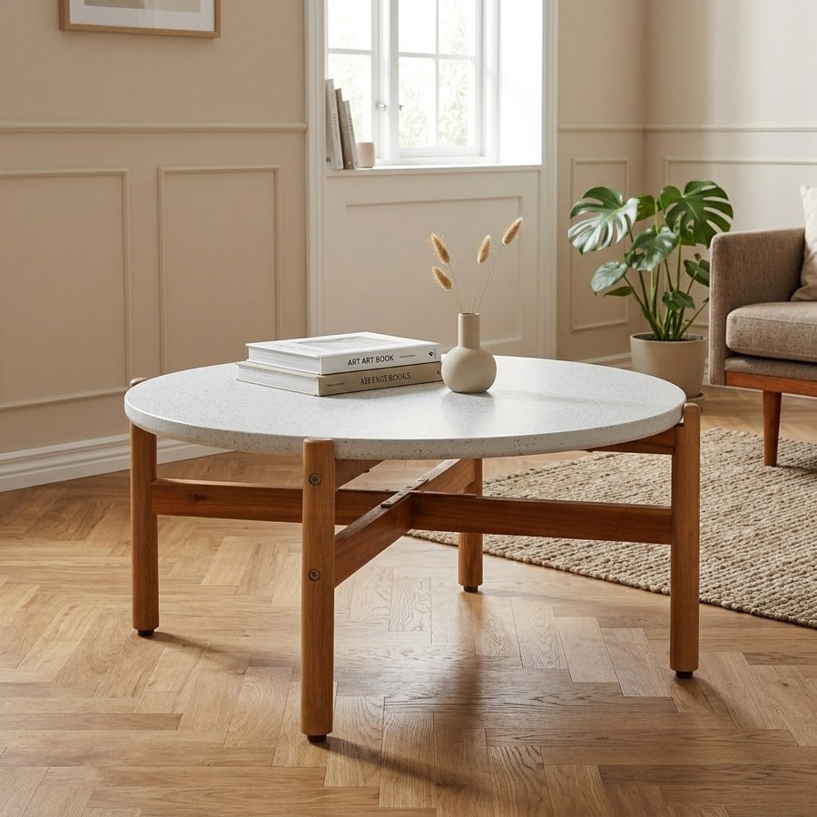 Terracina Sofabord med Ben i Akacietræ & Hvid Bordplade fra House Nordic | Ø84,5xH38,5cm