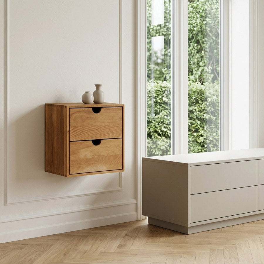 Townsville Fingertappet Væghylde/Sengebord med skuffer i 100% Massiv Egetræ fra House Nordic | B18xL30xH30cm - Billede 1