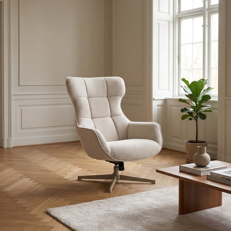 Turin Loungestol med Drejefunktion i Naturfarvet Møbelstof & Ben i Beige Metal fra House Nordic