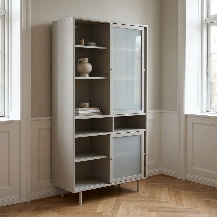 Veep Vitrineskab i Greige Metal fra Unique Furniture | B90xH180xD40cm