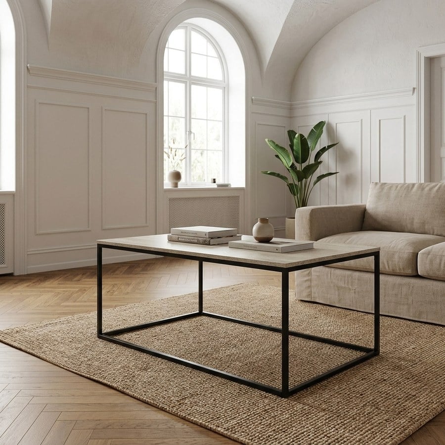 Vita Sofabord i Travertin Look med Sort Metal Stel fra House Nordic | L60xB90xH45cm