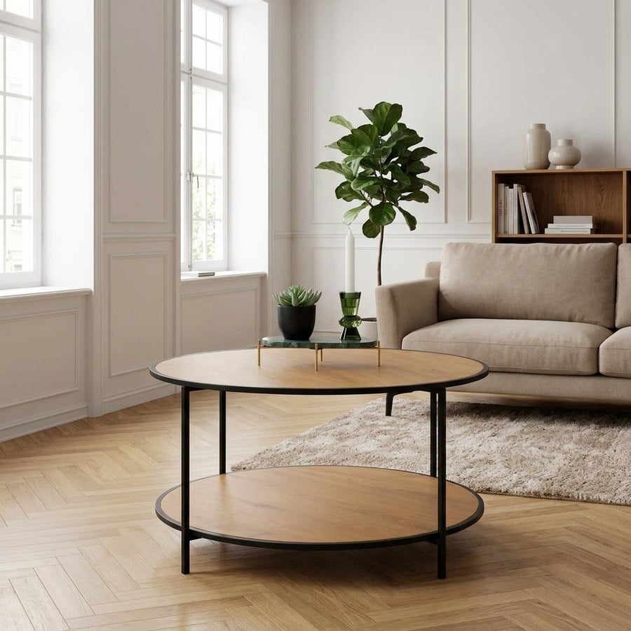 Vita Sofabord med egetræslook bordplade & sort stål stel fra House Nordic | H45 Ø80