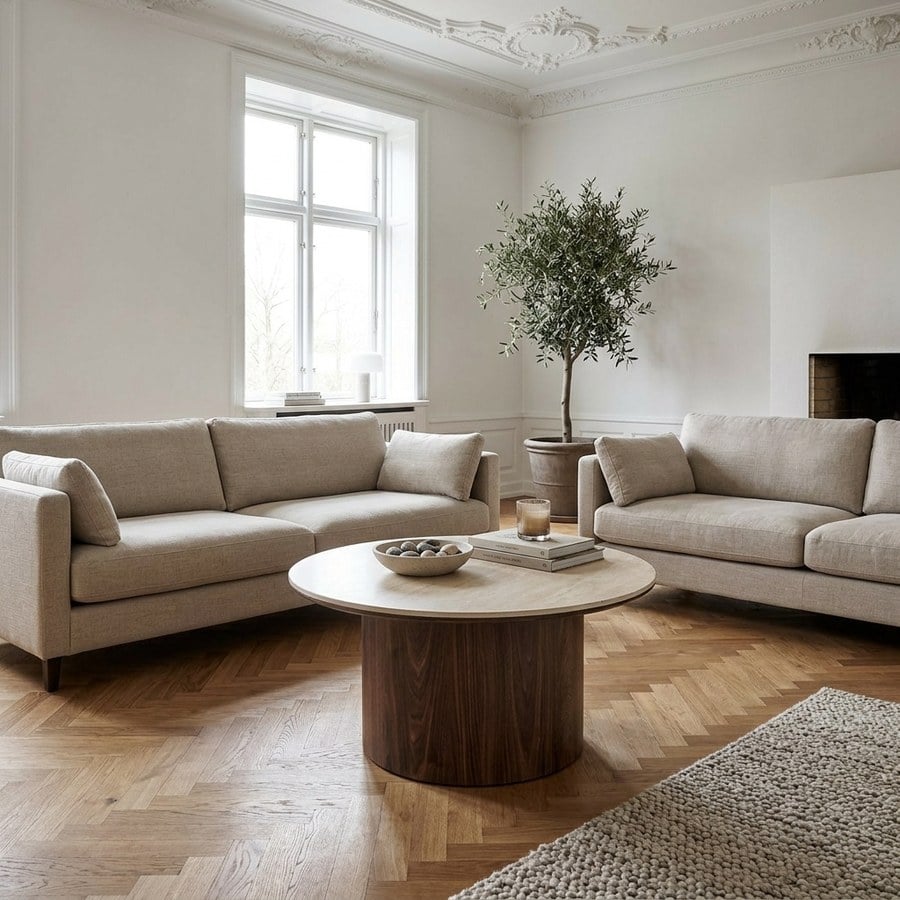 Delphi Sofabord i Travertin/Mørkebrun Keramik &amp; MDF fra House Nordic | Ø80xH40 cm