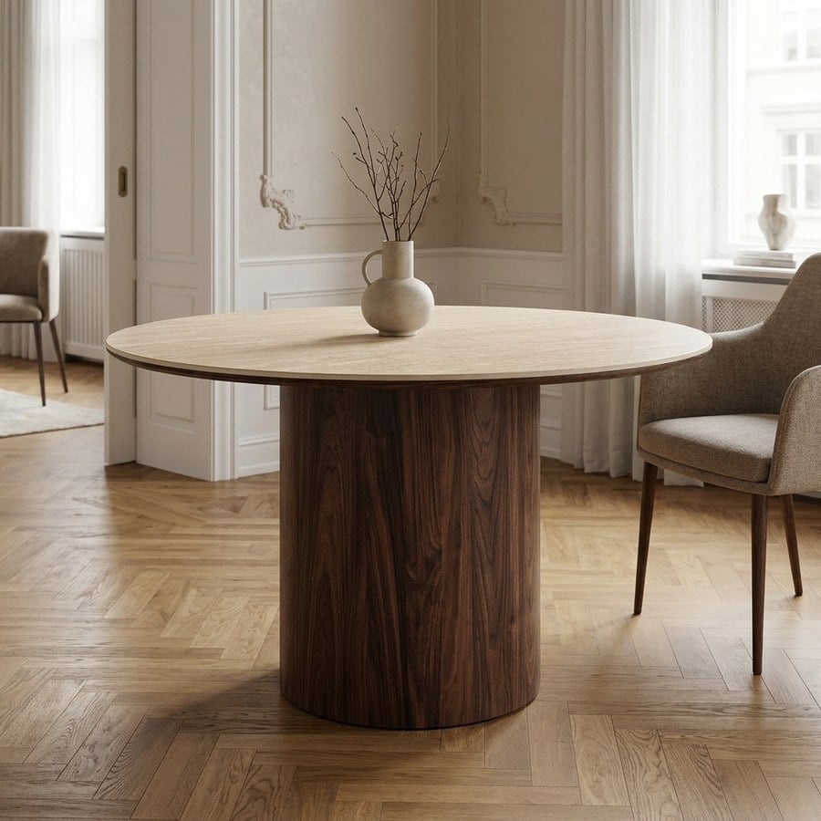 Delphi Spisebord i Travertin Keramik &amp; Stel i Mørkebrun MDF fra House Nordic | Ø120xH76 cm