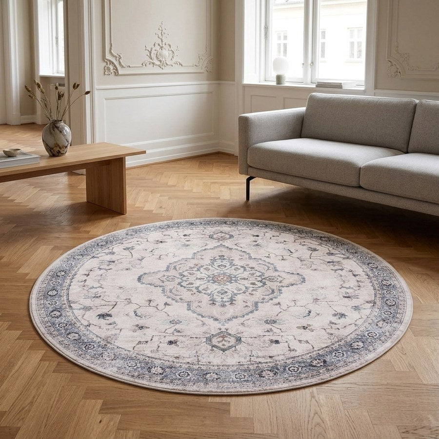 Havana Tæppe i Off White/Beige/Støvet Blå Polyester fra House Nordic | Ø200 cm