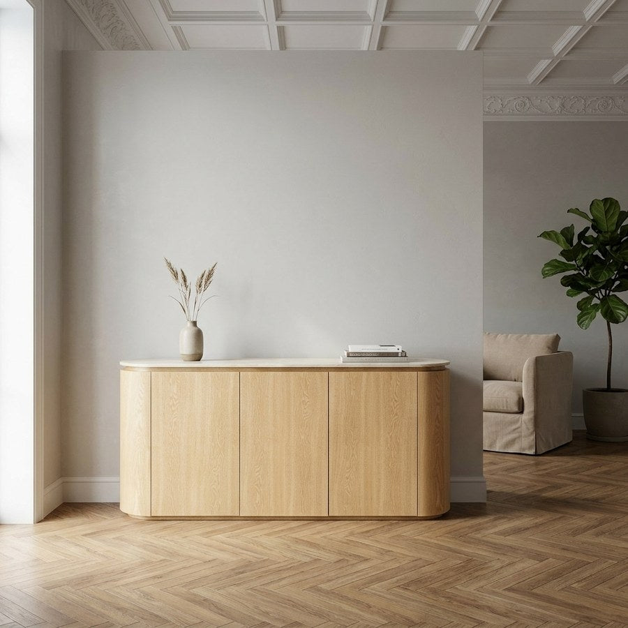 Larvik Skænk i Natur Asketræ &amp; Off-White Granit fra House Nordic | B180xD40xH85 cm