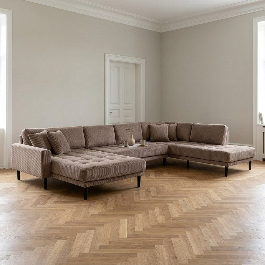 Lido U-Sofa Åben Ende Venstrevendt i Brun Fløjl med Fire Puder &amp; Ben i Sort Træ fra House Nordic | B370xL220xH76 cm