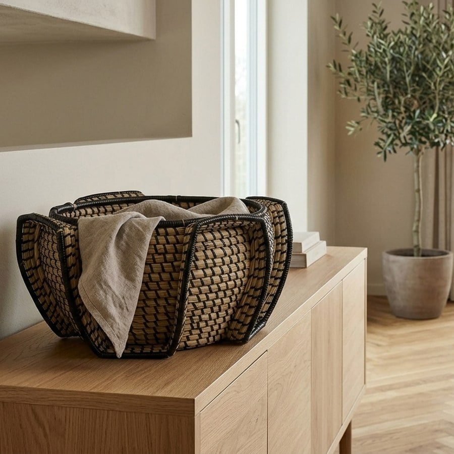 Medan Kurv i Natur/Sort Søgræs fra House Nordic | Ø33xH20 cm