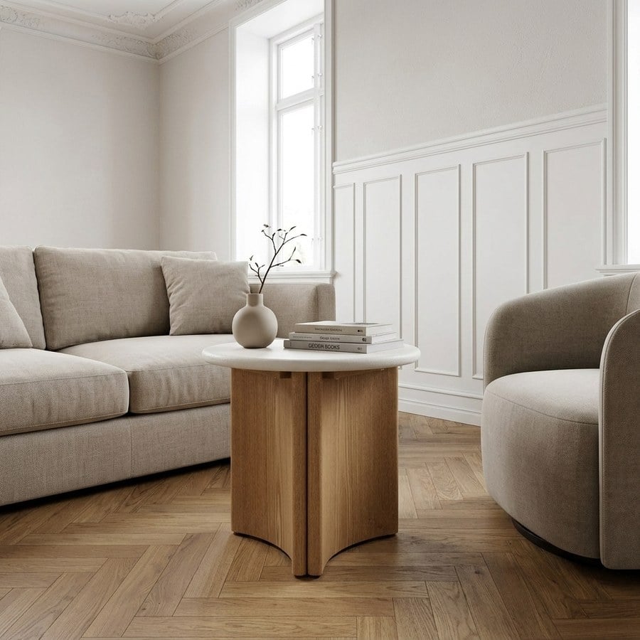 Motril Hjørnebord i Hvid/Natur Cement &amp; Asketræ fra House Nordic | Ø50xH45 cm