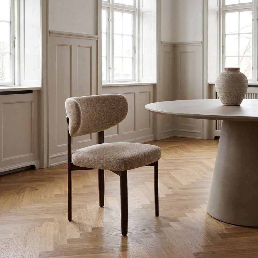 Recco Spisebordsstol i Lysebrun Polyester &amp; Ben i Mørkebrun Metal fra House Nordic | B53xL57xH79 cm