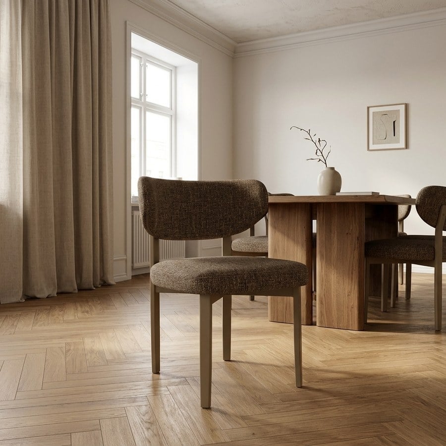 Recco Spisebordsstol i Mørkebrun Polyester &amp; Ben i Natur Metal fra House Nordic | B53xL57xH79 cm