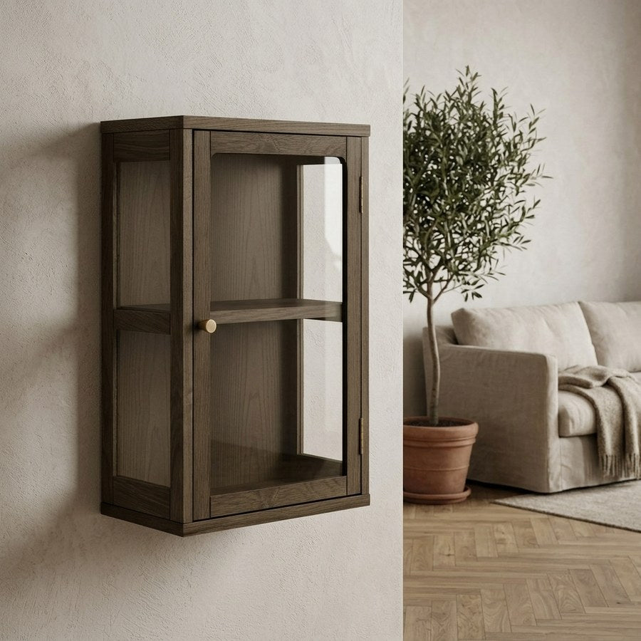 Zamora Væghængt Vitrineskab i Mørkebrun Egetræ &amp; Hærdet Glas fra House Nordic | B20xD40xH60 cm