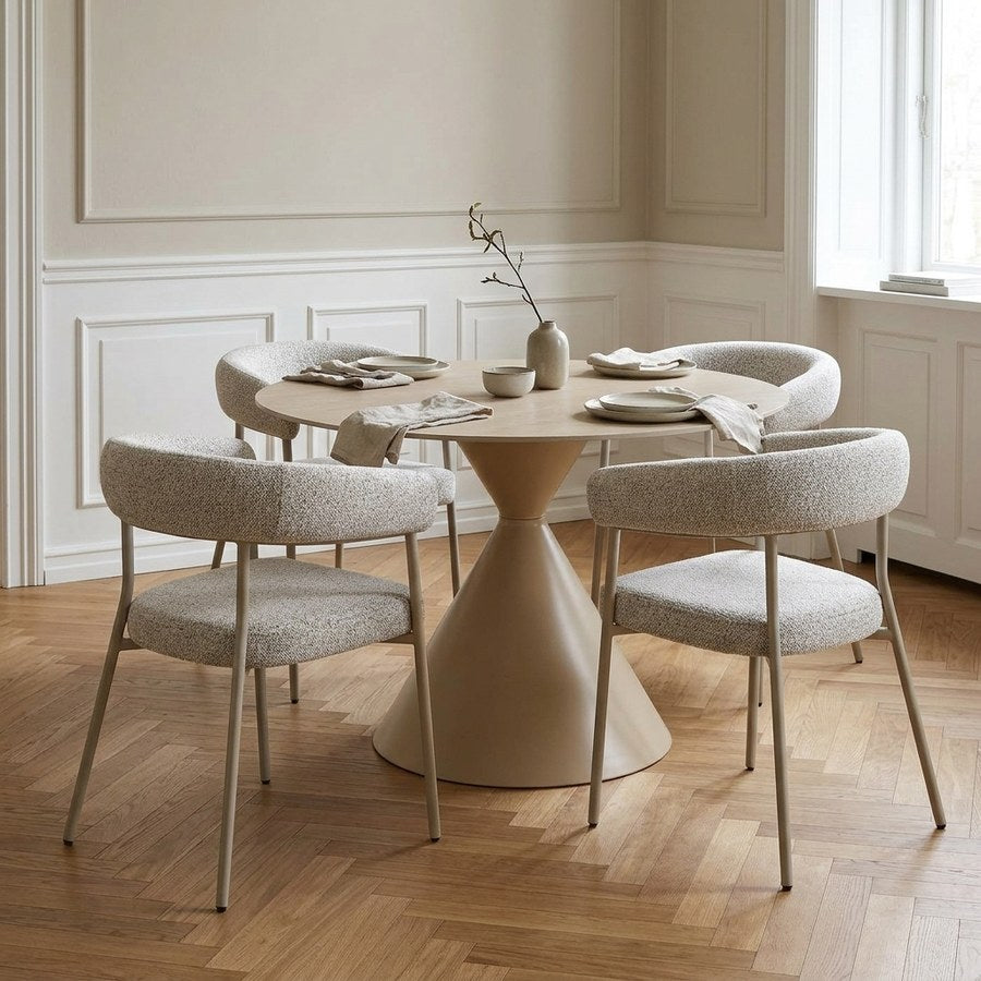 Annecy Spisebordssæt med Trivio Spisebordsstole i Sand Keramik & Stof fra House Nordic | 4 Stole & 1 Bord