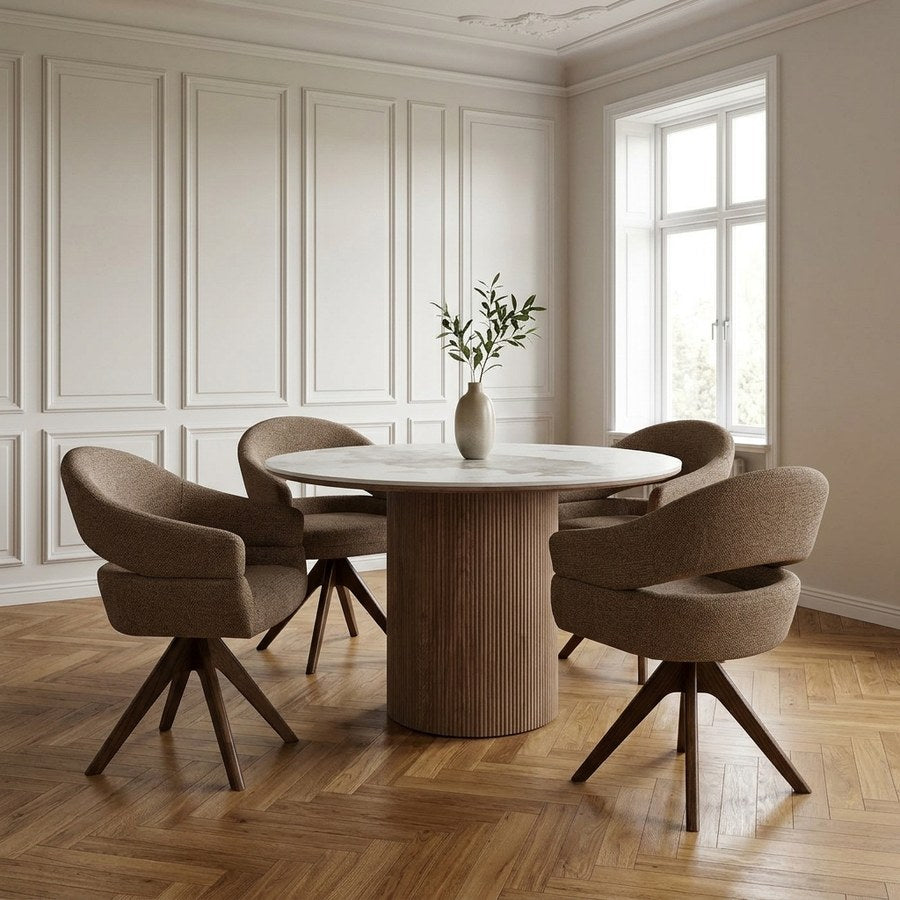 Athens Spisebordssæt med Dover Spisebordsstole i Hvid/Mørkebrun Keramik & Brun Polyester fra House Nordic | 4 Stole & 1 Bord