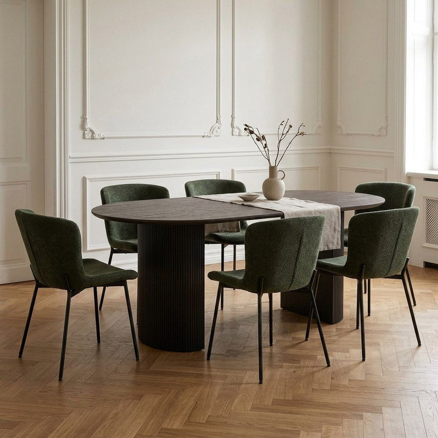 Boavista Spisebordssæt med Maceda Spisebordsstole i Mørkebrun MDF & Mørkegrøn Polyester fra House Nordic | 6 Stole & 1 Bord