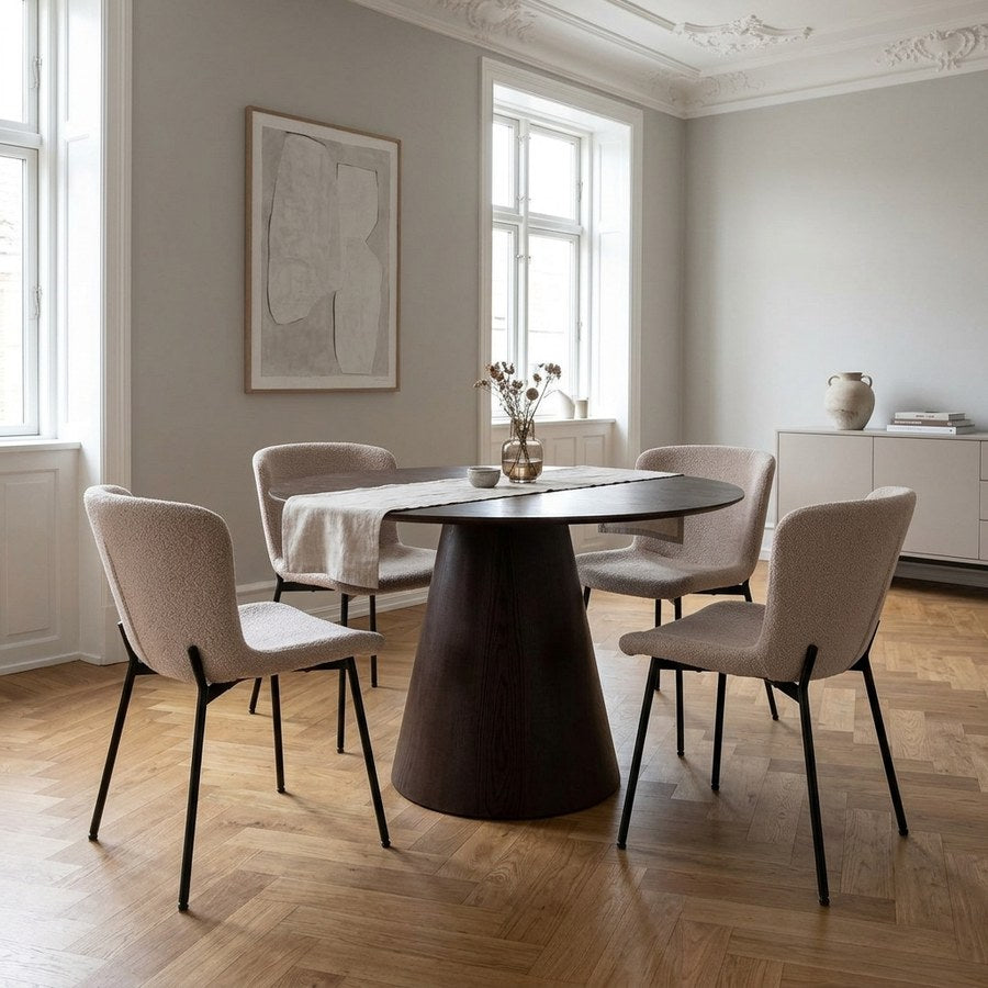 Bolton Spisebordssæt med Maceda Spisebordsstole i Mørkebrun Valnøddetræ & Beige Polyester fra House Nordic | 4 Stole & 1 Bord