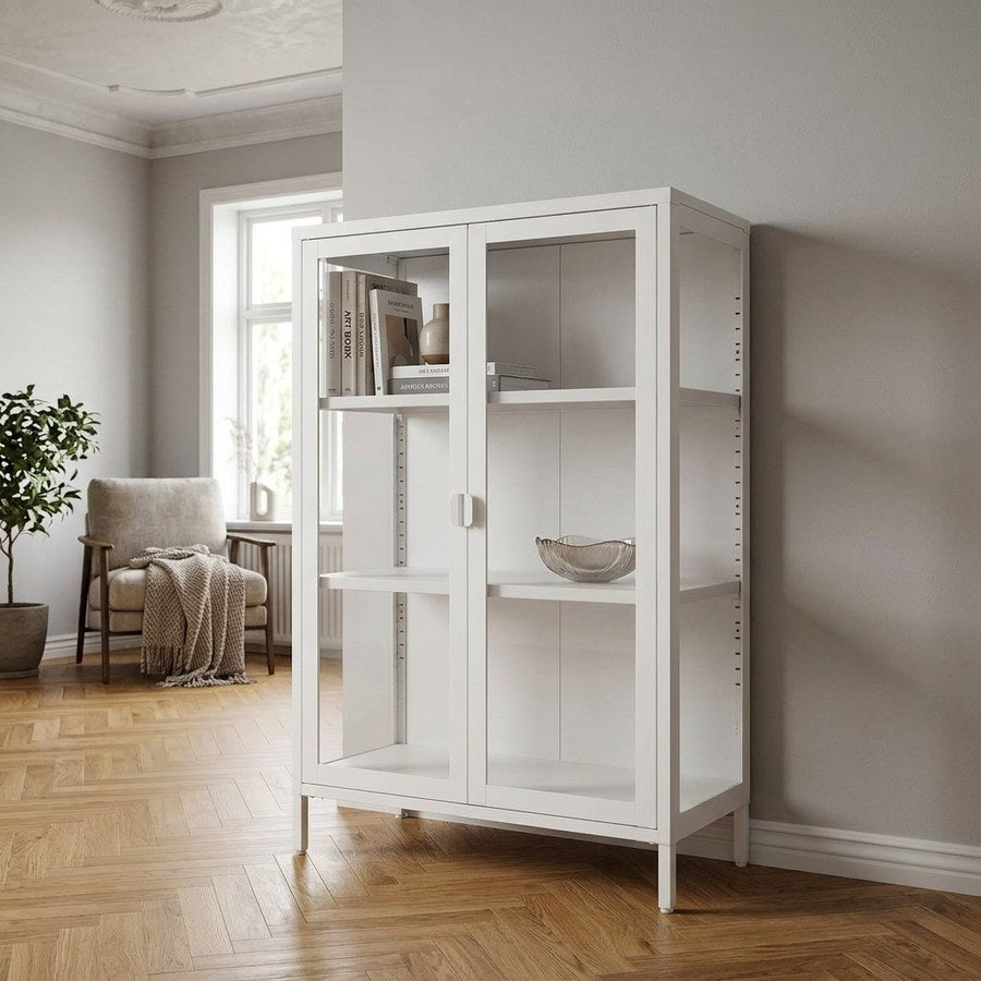 Brisbane Vitrineskab i Hvid Stål med 2 Glaslåger fra House Nordic | B80xD40xH101 cm