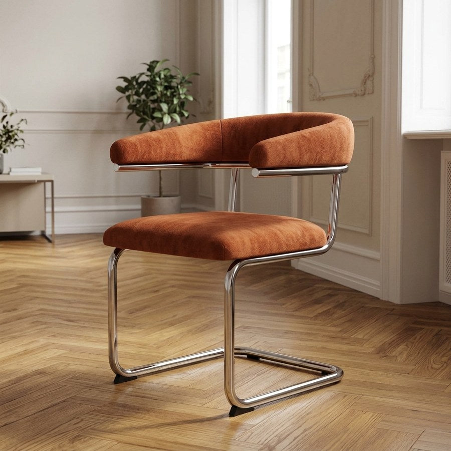 Cabri Lænestol i Terrakotta Chenille Stof & Ben i Krom Stål fra Unique Furniture | B59xD58xH77 cm