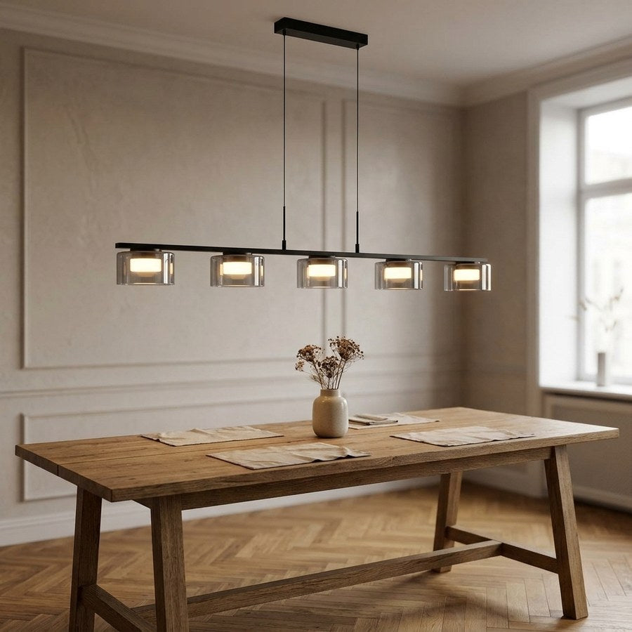 Cholet Pendel i Sort/Klar Glas & Metal med 5 LED fra House Nordic | B125xL15xH150 cm