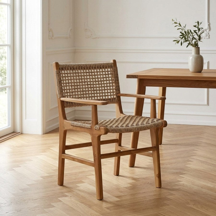 Derby Spisebordsstol i Natur Teaktræ & PE Rattan med Armlæn fra House Nordic | B57xL56xH90 cm