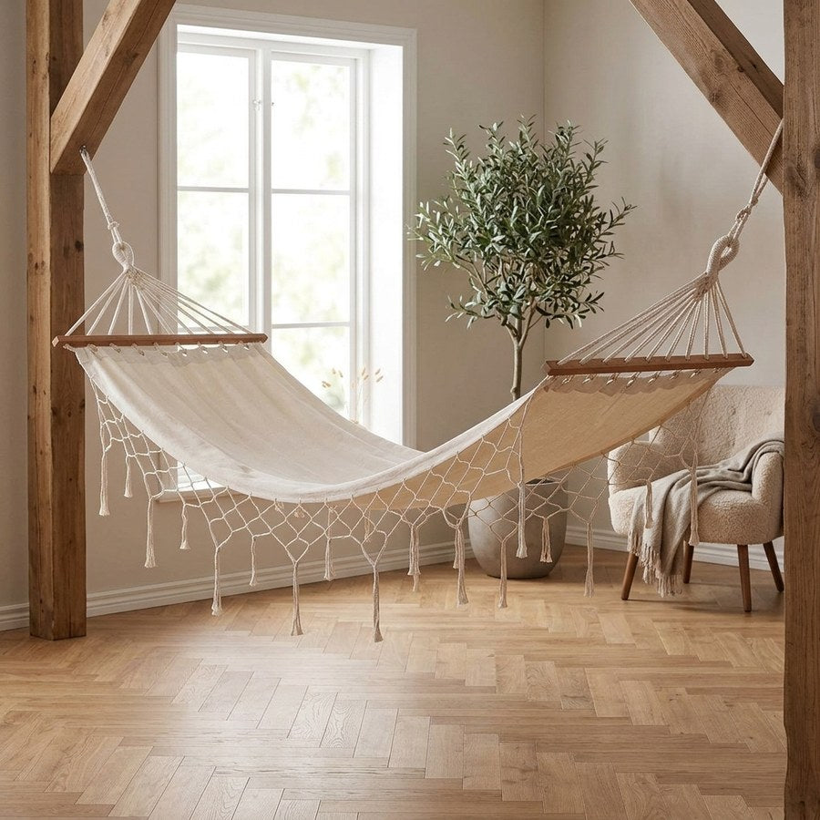 Edessa Hængekøje i Off White Bomuld & Lærketræ fra House Nordic | B80xL200xH3,0 cm