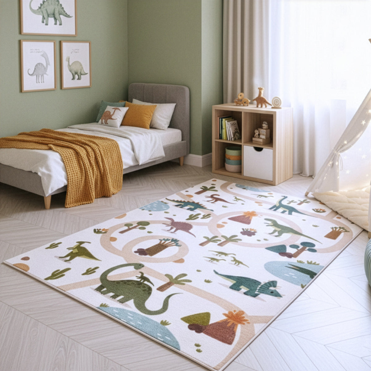 Ella Børnegulvtæppe i Creme med Dinosaurer – billede 1 fra Unique Beds, Home & Living