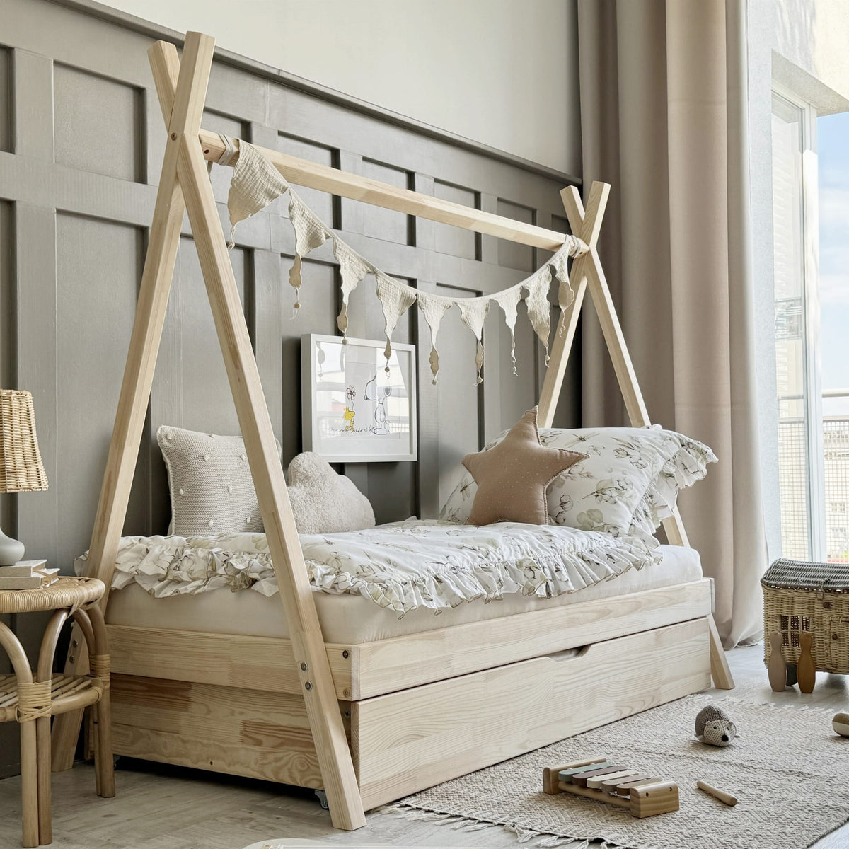 Tipiseng Plus uden Sengehest med Skuffe i Limet Fyrretræ i Flere Farver fra Raw Kids i farven Natur – fra Unique Beds, Home & Living
