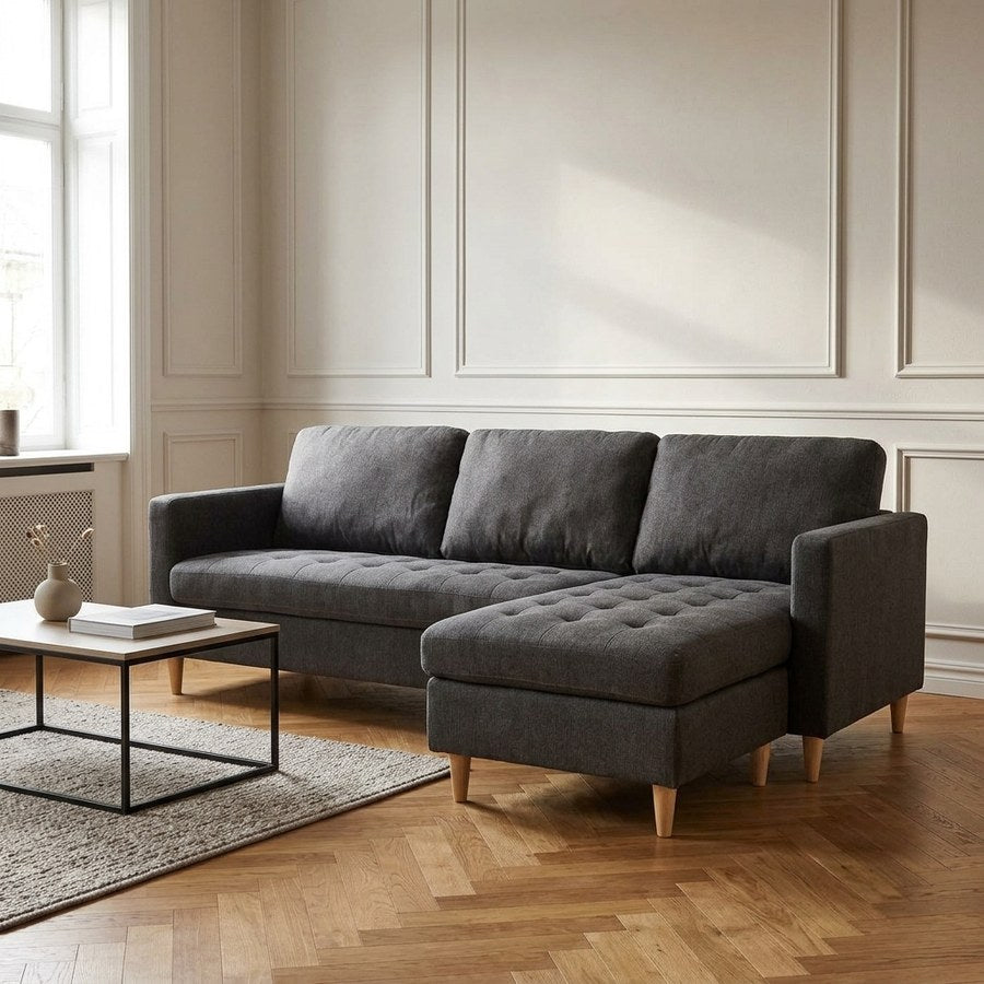 Firenze Chaiselongsofa i Mørkegrå Polyester & Ben i Natur Fyrretræ fra House Nordic | B219xL151xH80 cm