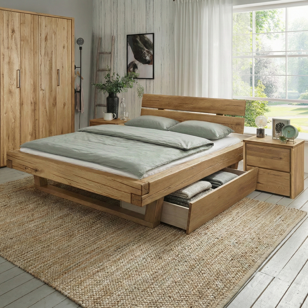 Frigg Snedker Bjælkesengeramme med Gavl, Træben og 2 Skuffer i Massiv FSC Egetræ og Naturolie fra Organic Sleep fra Unique Beds, Home & Living