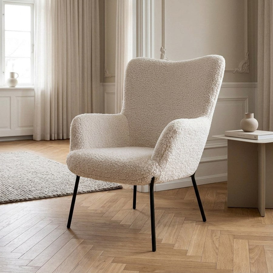 Glasgow Lænestol i Hvid Teddy Polyester & Ben i Sort Stål fra House Nordic | B70xL79xH98 cm