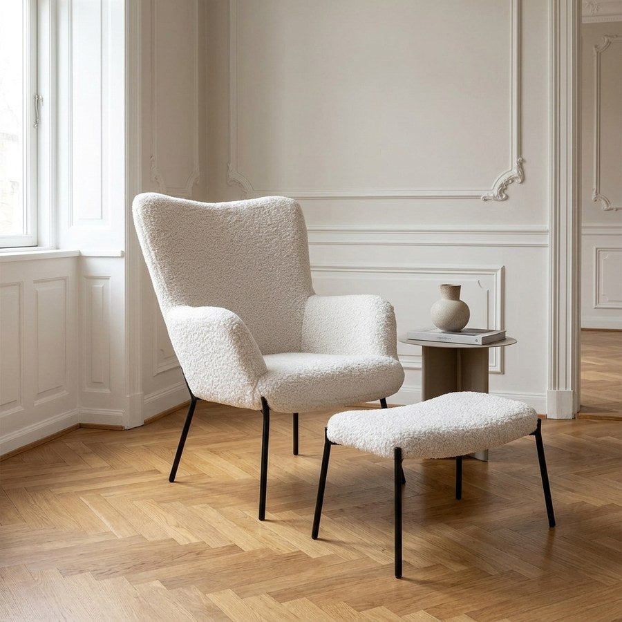 Glasgow Loungestolsæt i Hvid Polyester fra House Nordic | 1 Loungestol & 1 Fodskammel