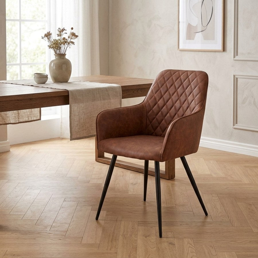 Harbo Spisebordsstol i Vintage Brun Kunstlæder & Ben i Sort Metal fra House Nordic | B57xL65xH87 cm
