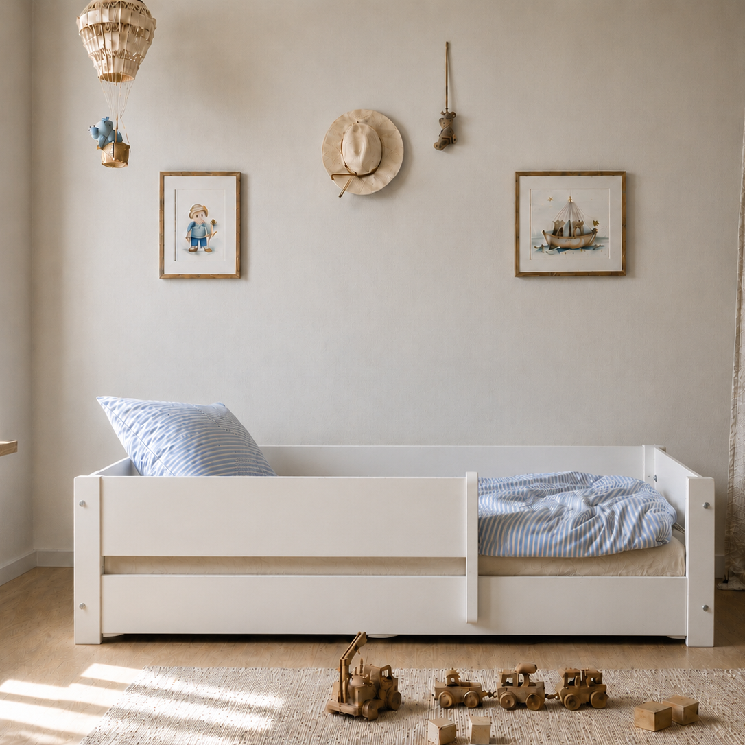 Huxie Montessori gulvseng med sengehest fra Manis-h | White - 1 – fra Unique Beds, Home & Living