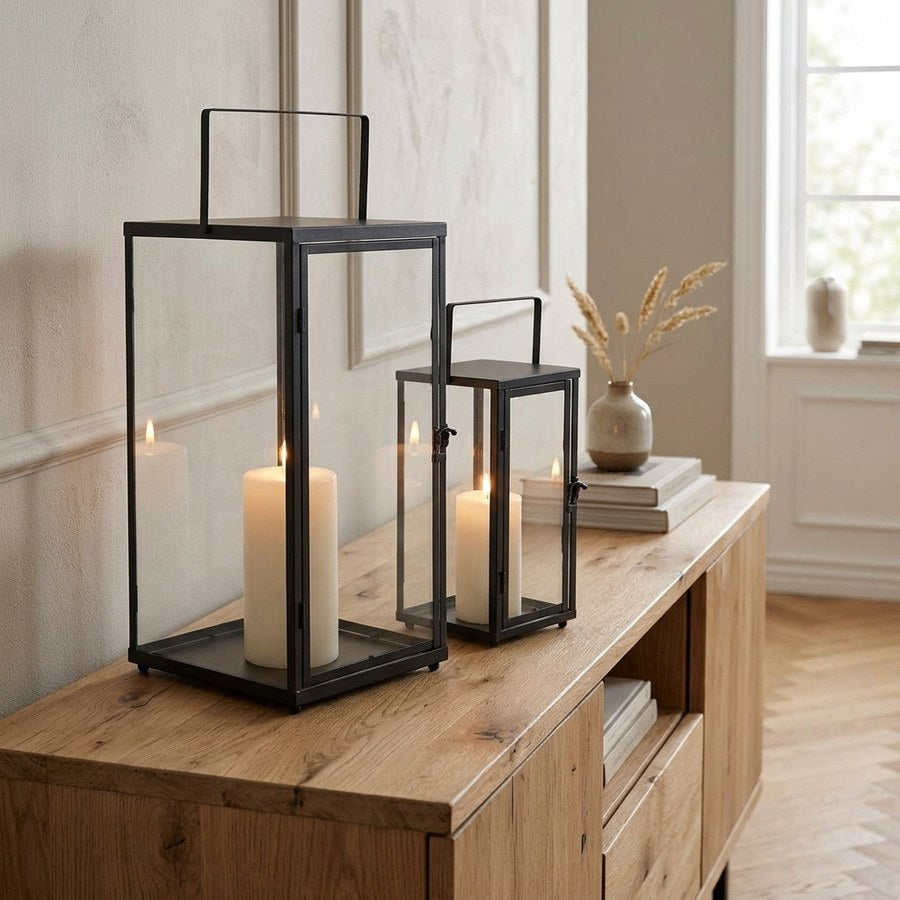 Ibra Lanterner i Sort Metal & Glas fra House Nordic | 2 Lanterner