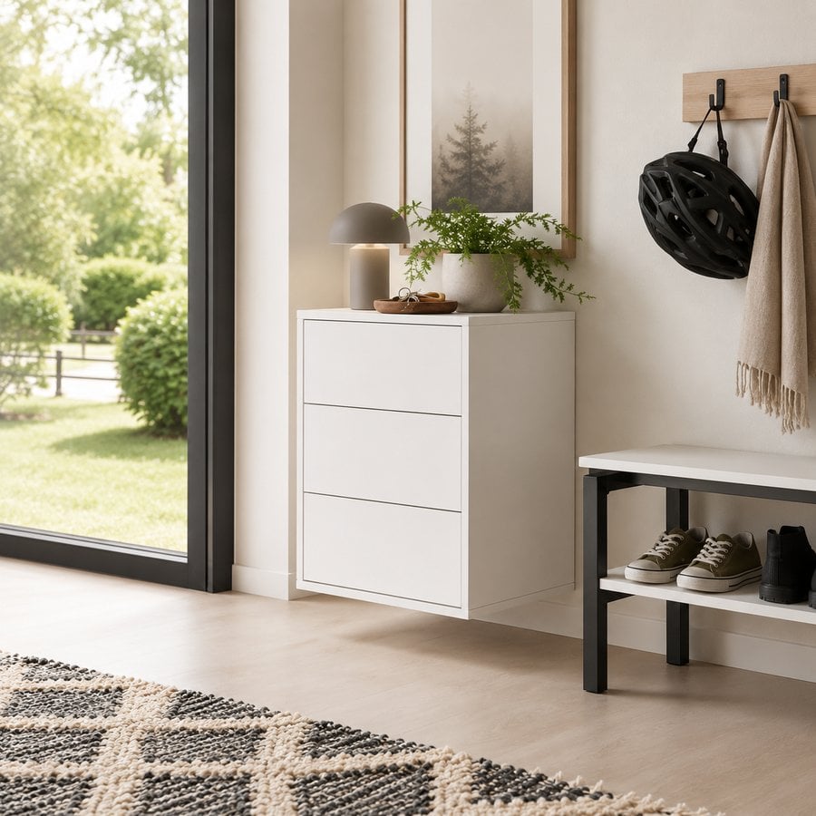 København Snedker Entremøbel 3 med Skuffer i Massiv Fyrretræ i Hvid Lak fra Raw Furniture | H61xB45,7xD42 cm