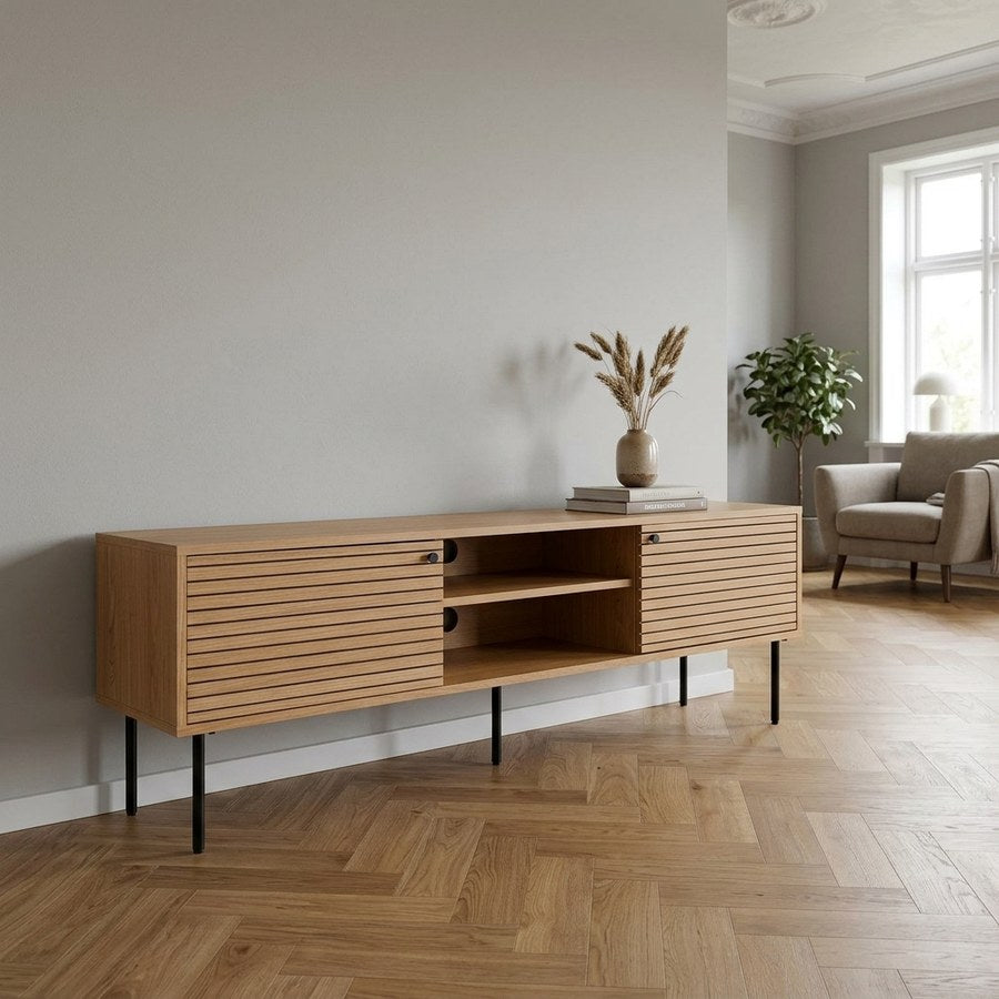 Kyoto TV-Bænk i Natur Egetræ med 2 Låger & 2 Hylder & Ben i Sort Stål fra House Nordic | B150xD40xH50 cm