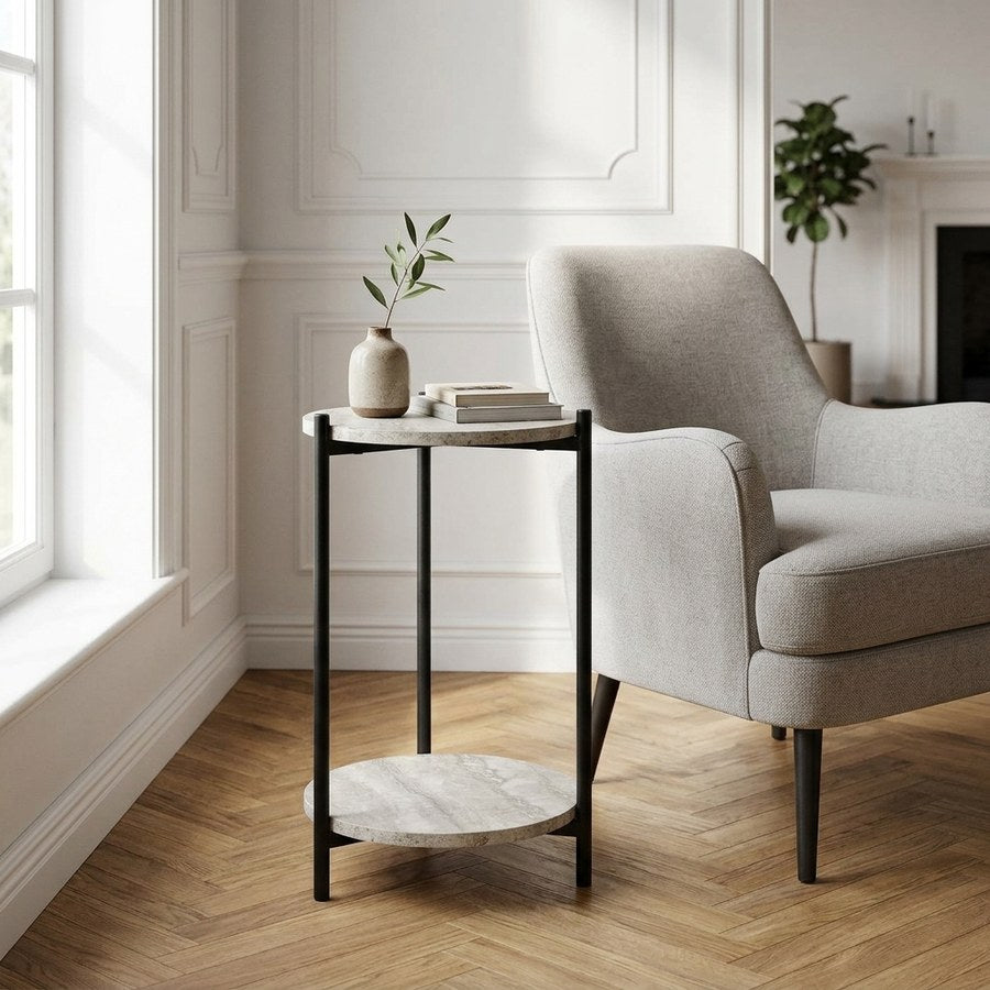 Leuven Hjørnebord i Beige MDF med Travertin Look & Ben i Sort Stål fra House Nordic | Ø27xH46 cm