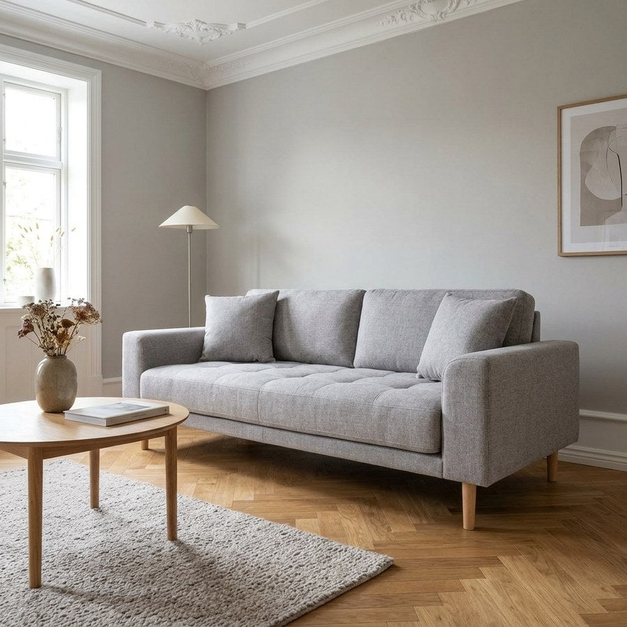 Lido 2,5 Personers Sofa i Lysegrå Polyester med 2 Puder & Ben i Natur Bøgetræ fra House Nordic | B180xL93xH76 cm