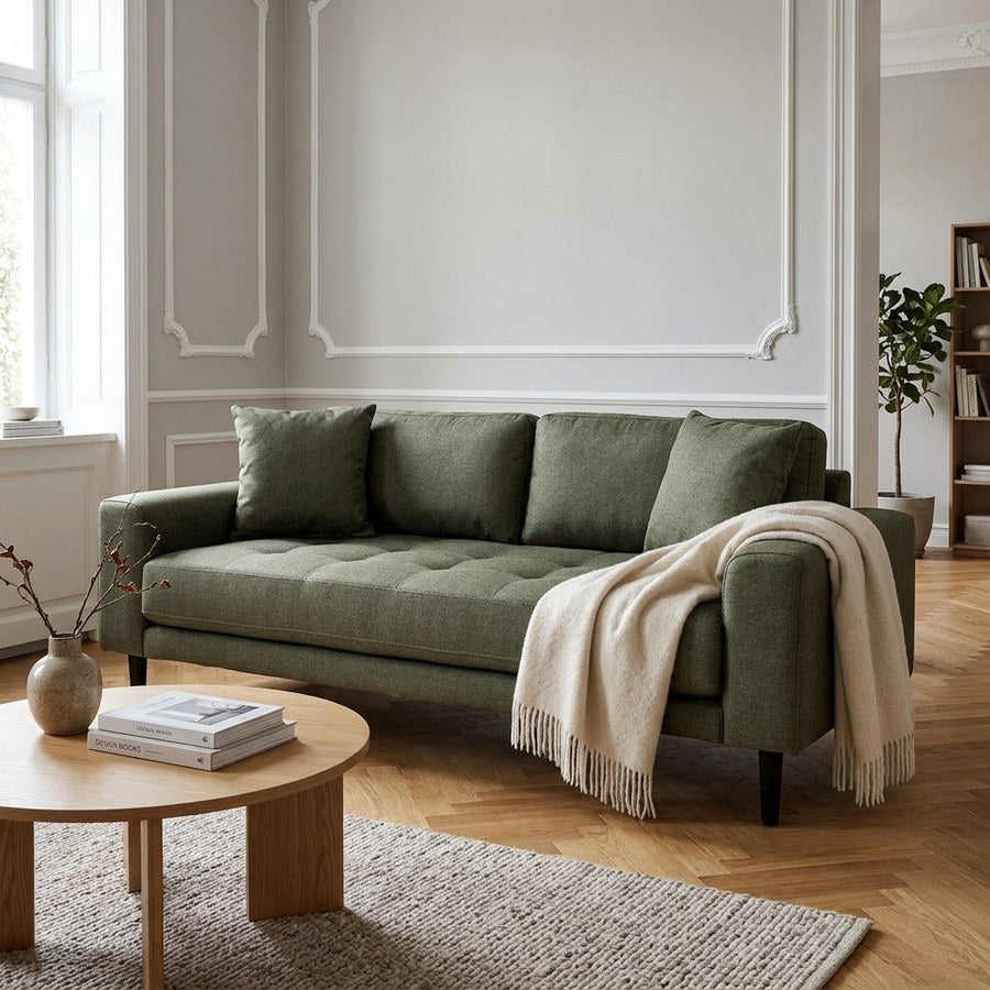 Lido 2,5 Personers Sofa i Olivengrøn Polyester med To Puder & Ben i Sort Træ fra House Nordic | B180xL93xH76 cm