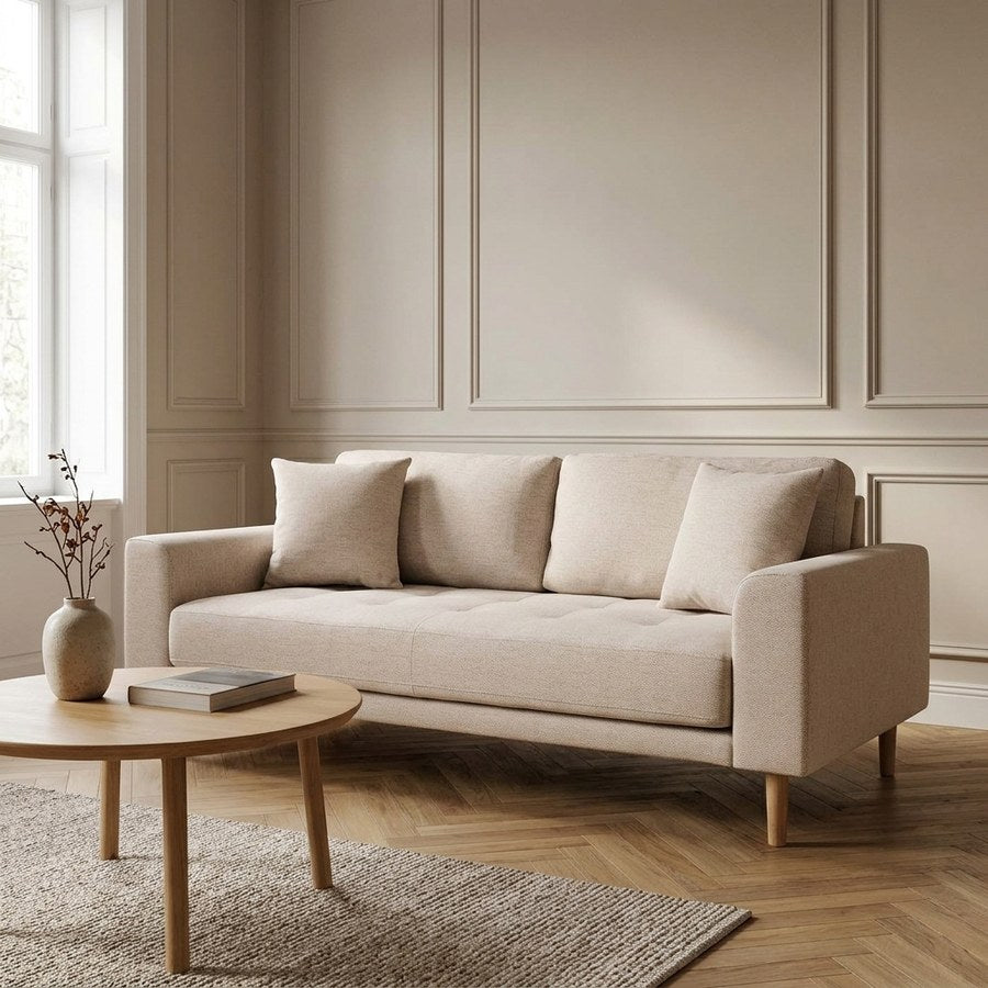 Lido 2,5 Personers Sofa i Sand Polyester med To Puder & Ben i Natur Bøgetræ fra House Nordic | B180xL93xH76 cm