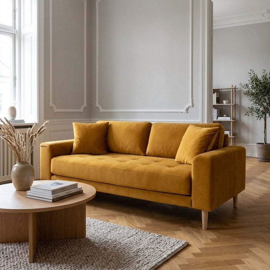 Lido 2,5 Personers Sofa i Sennepsgul Velour med To Puder & Ben i Natur Træ fra House Nordic | B180xL93xH76 cm