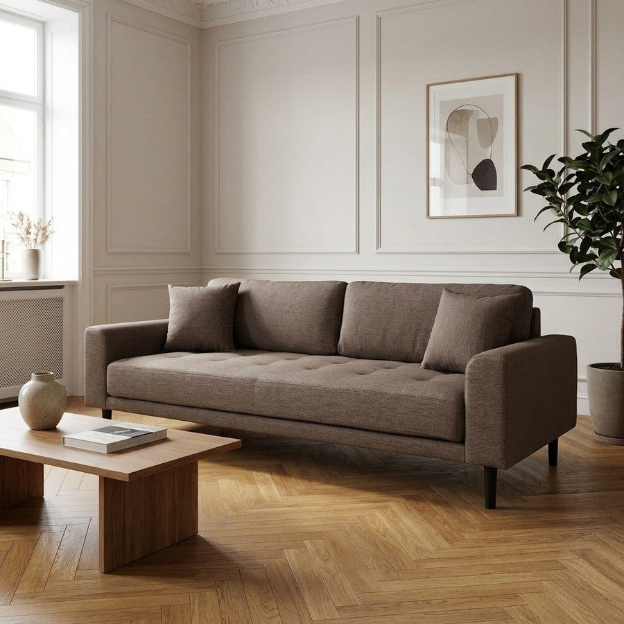 Lido 3 Personers Sofa i Brun Polyester med 2 Puder & Ben i Sort Træ fra House Nordic | B210xL93xH76 cm