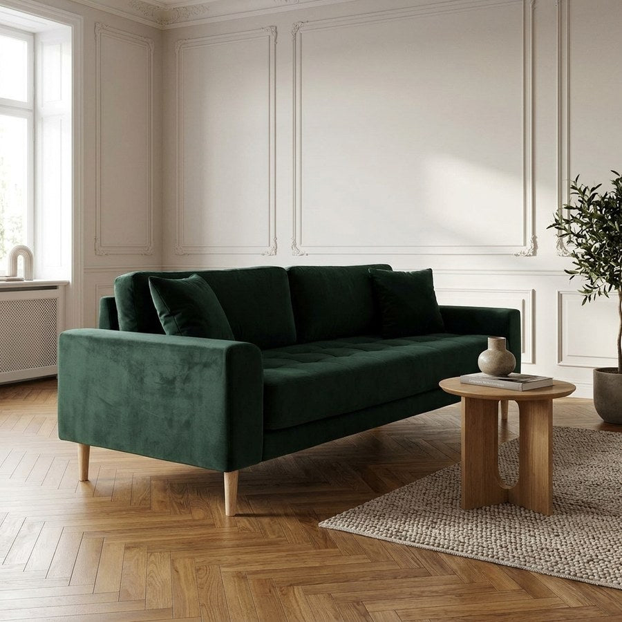 Lido 3 Personers Sofa i Mørkegrøn Velour med 2 Puder & Ben i Natur Træ fra House Nordic | B210xL93xH76 cm