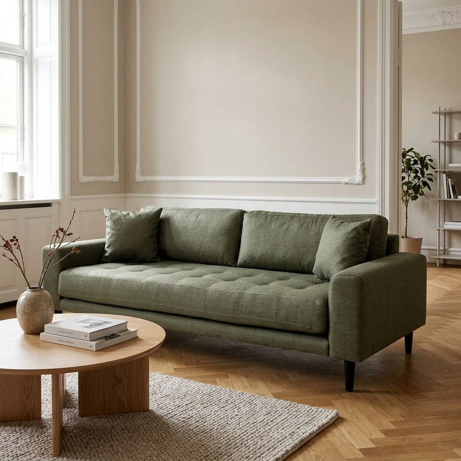 Lido 3 Personers Sofa i Olivengrøn Polyester med To Puder & Ben i Sort Træ fra House Nordic | B210xL93xH76 cm